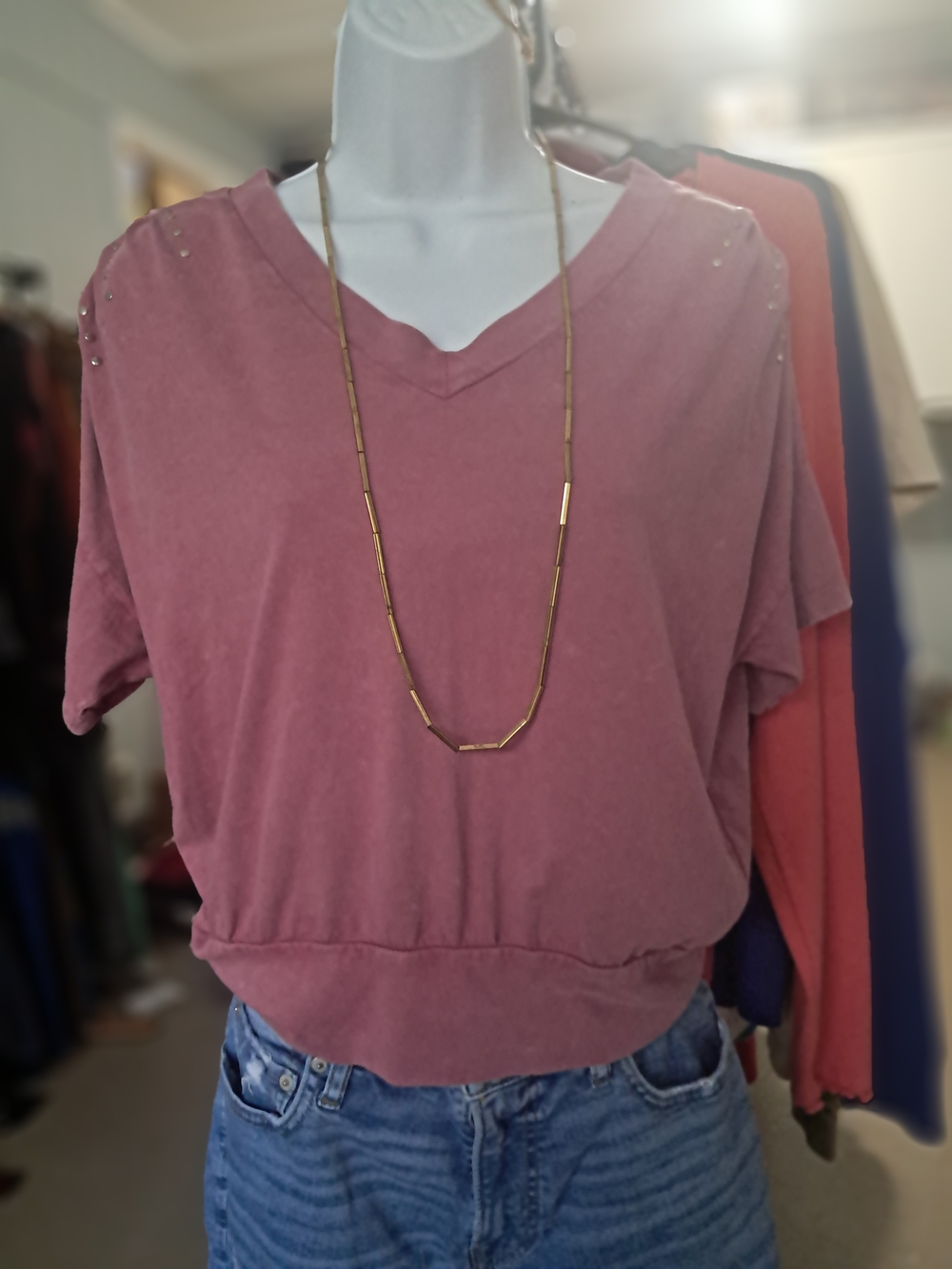 Gilded Intent Rose Mauve V-Neck Short Sleeve Crop Top